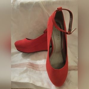 Red Suede Mary Jane Wedges